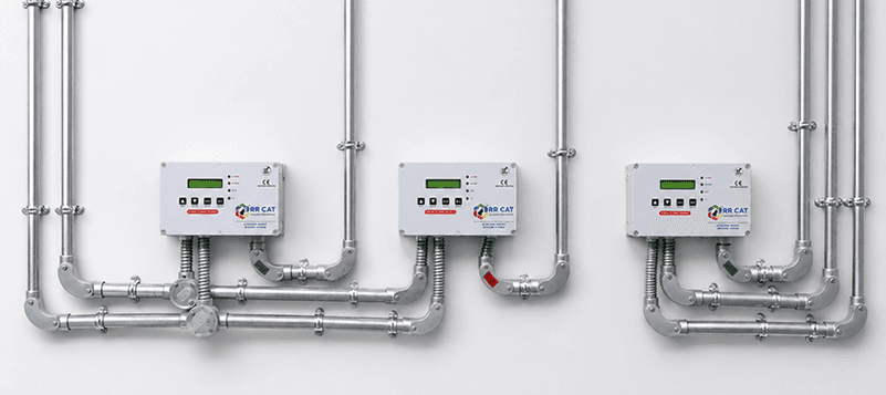 Three RR CAT master consoles wall-mounted and piped to their transducer runs