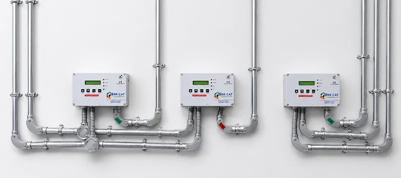 Three RR CAT master consoles wall-mounted and piped to their transducer runs